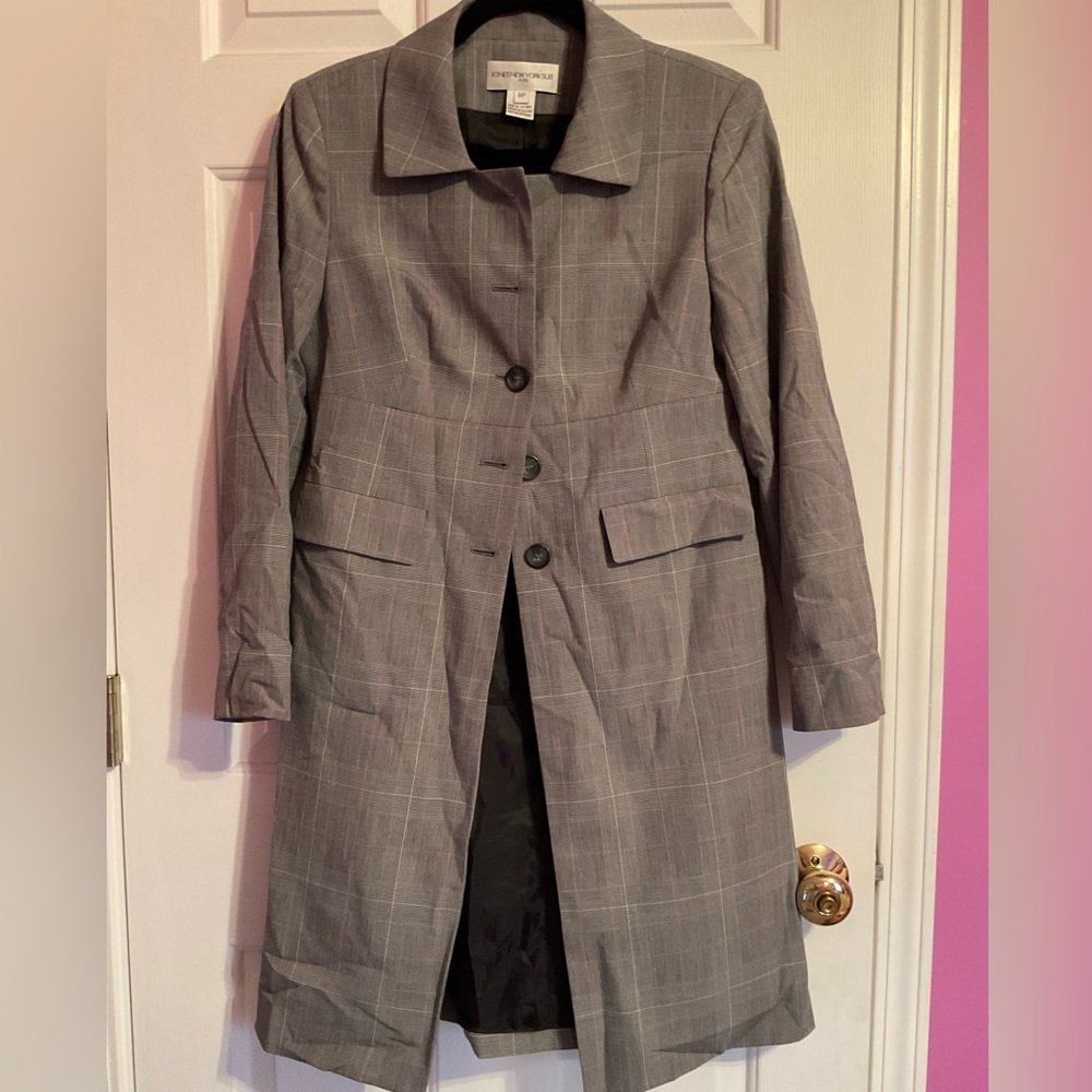 Jones New York Gray Checkered Trench Coat